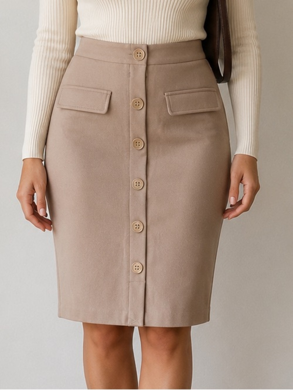 NWT NYCC New York Clothing Co Button Front Pencil Skirt Small Taupe